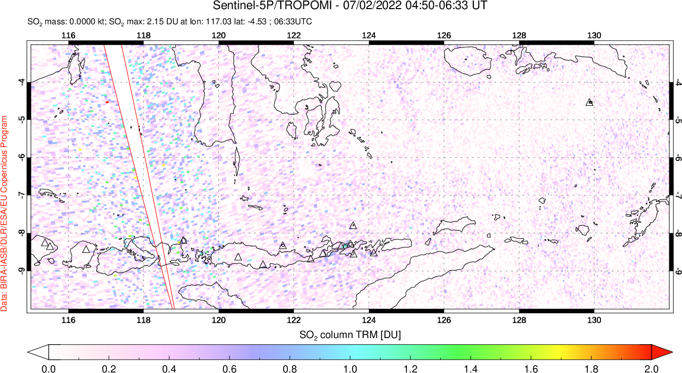 A sulfur dioxide image over Lesser Sunda Islands, Indonesia on Jul 02, 2022.