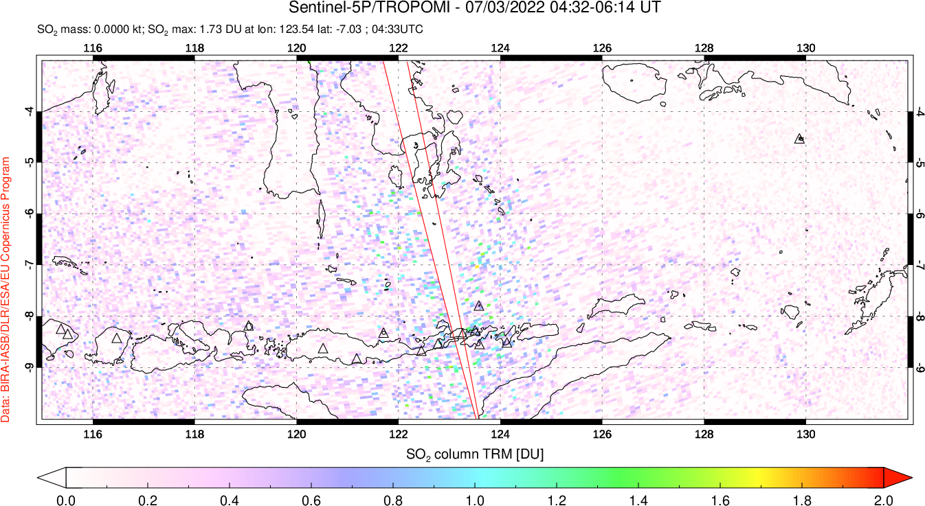 A sulfur dioxide image over Lesser Sunda Islands, Indonesia on Jul 03, 2022.