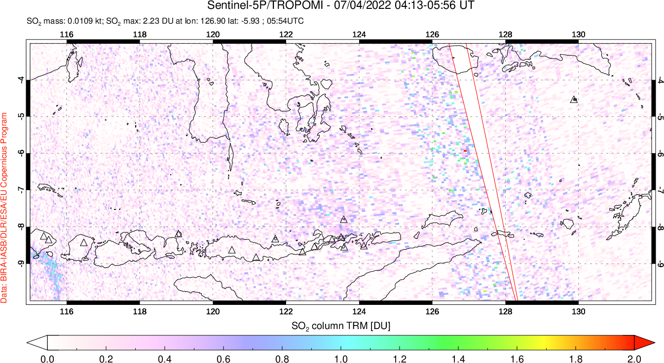 A sulfur dioxide image over Lesser Sunda Islands, Indonesia on Jul 04, 2022.
