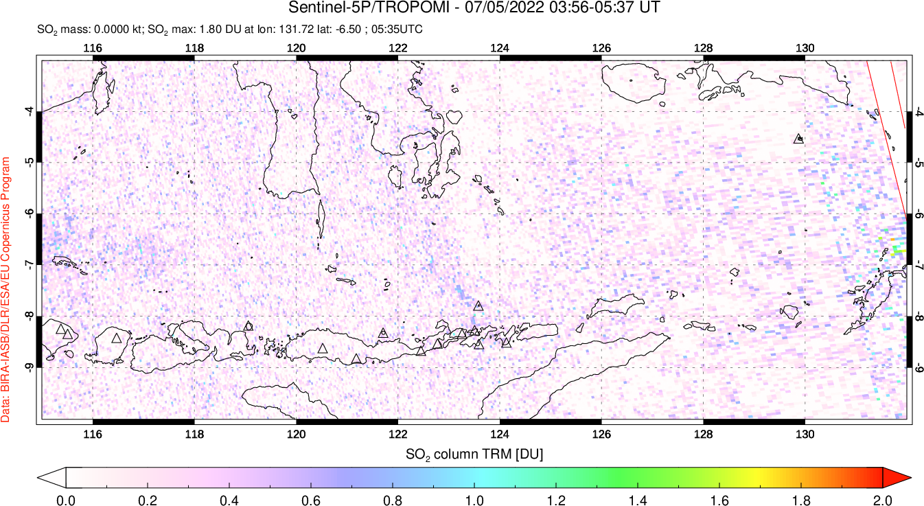 A sulfur dioxide image over Lesser Sunda Islands, Indonesia on Jul 05, 2022.