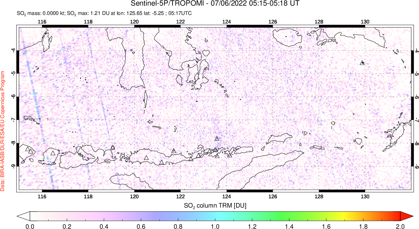 A sulfur dioxide image over Lesser Sunda Islands, Indonesia on Jul 06, 2022.