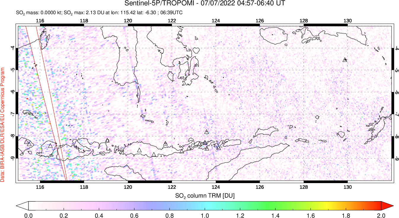 A sulfur dioxide image over Lesser Sunda Islands, Indonesia on Jul 07, 2022.
