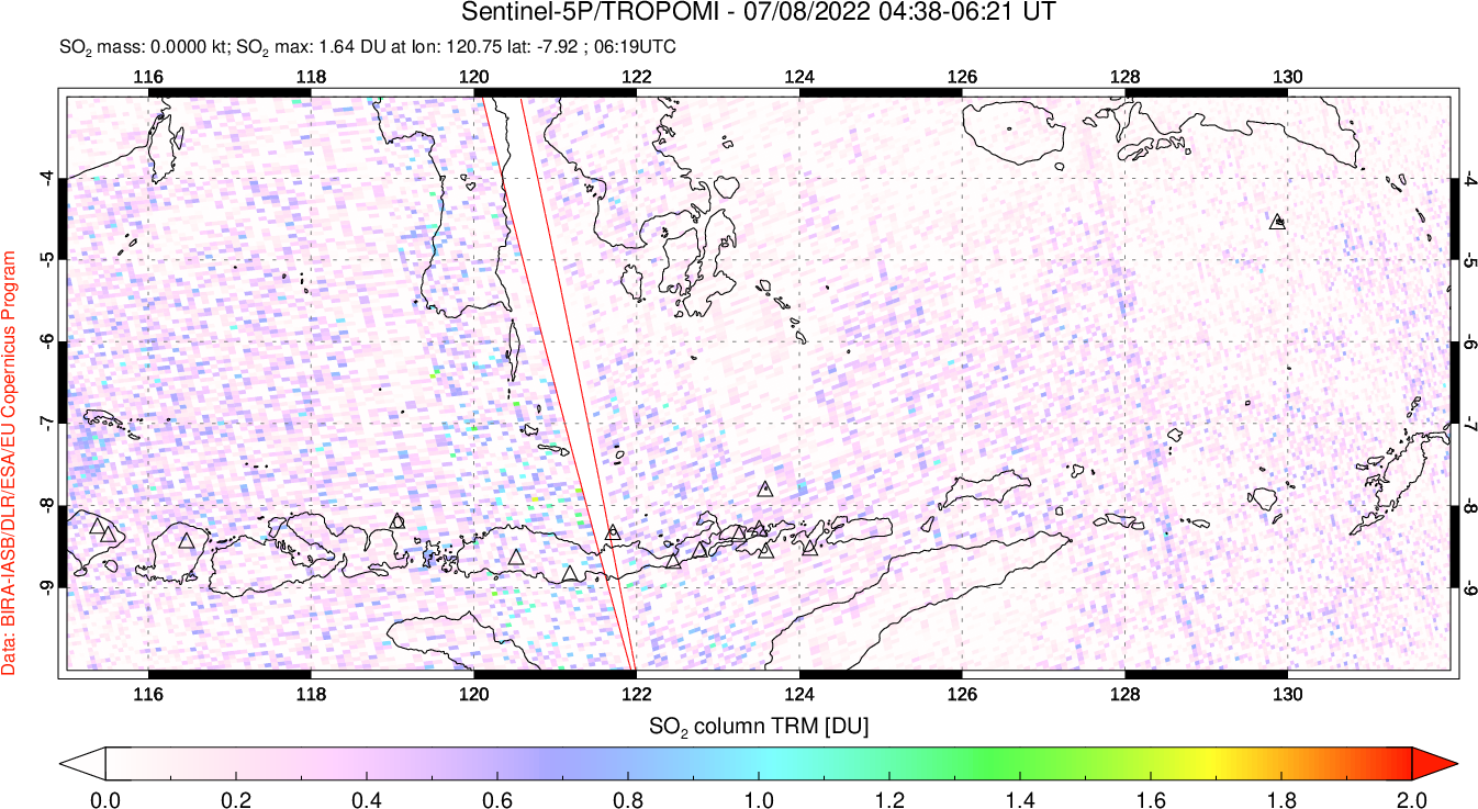 A sulfur dioxide image over Lesser Sunda Islands, Indonesia on Jul 08, 2022.