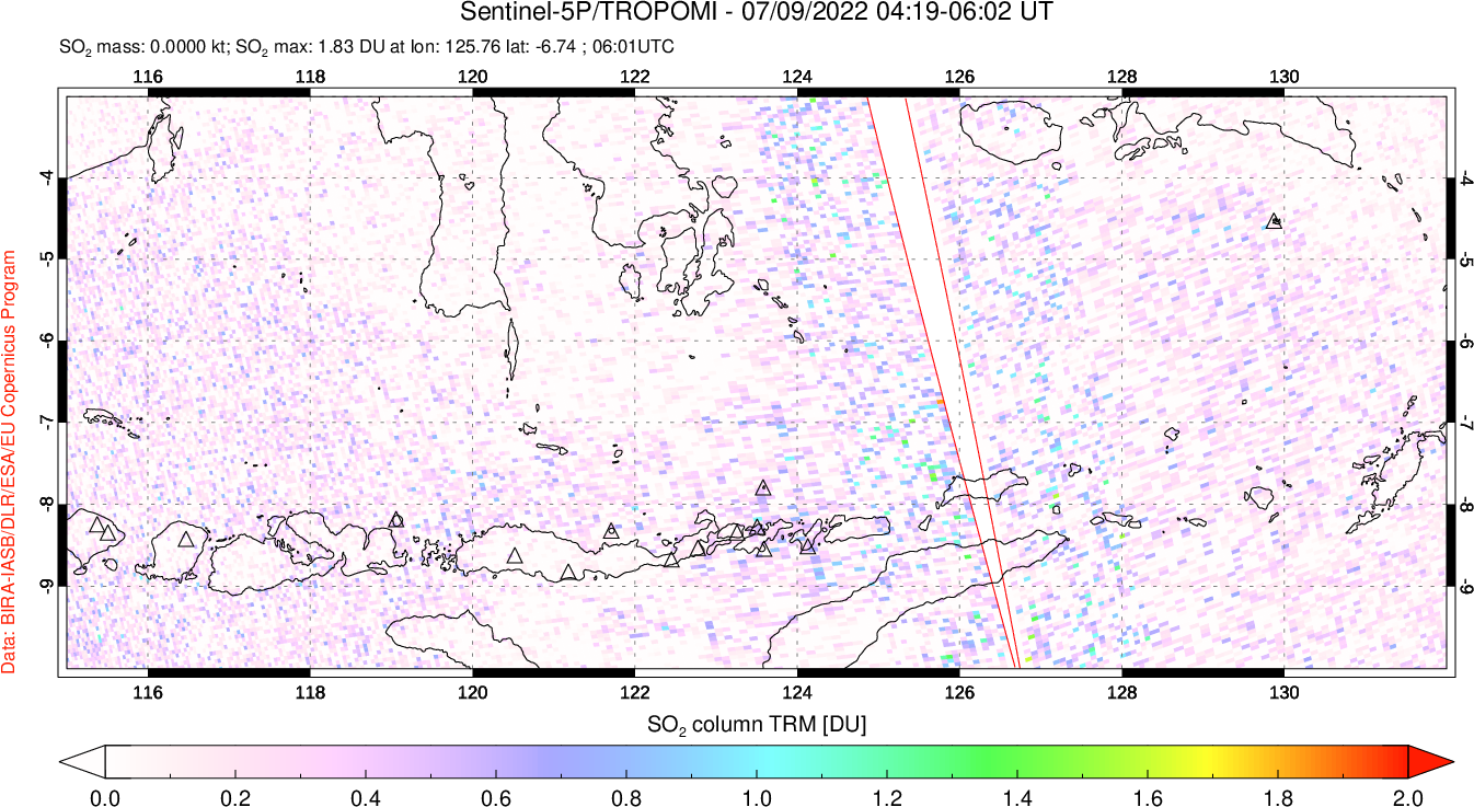 A sulfur dioxide image over Lesser Sunda Islands, Indonesia on Jul 09, 2022.