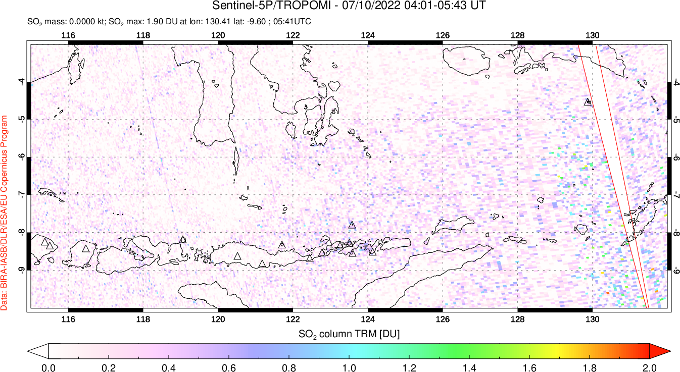 A sulfur dioxide image over Lesser Sunda Islands, Indonesia on Jul 10, 2022.