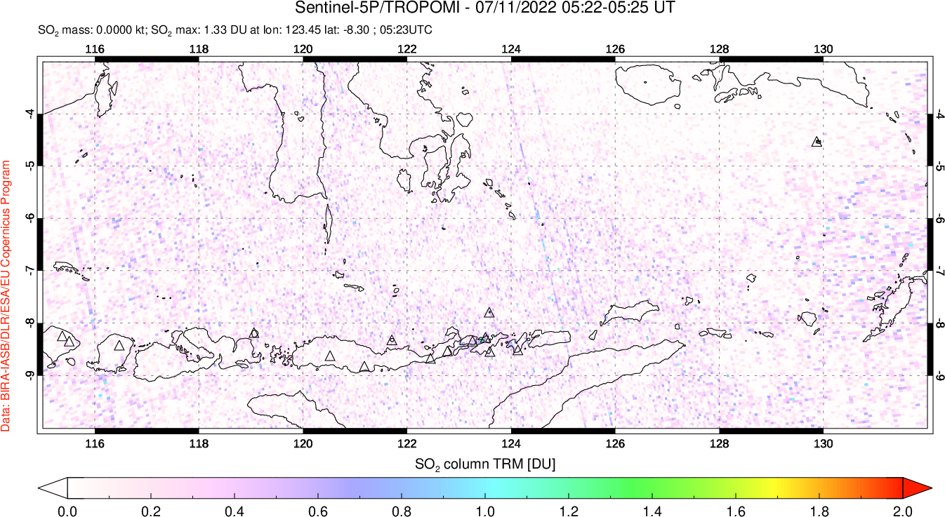 A sulfur dioxide image over Lesser Sunda Islands, Indonesia on Jul 11, 2022.