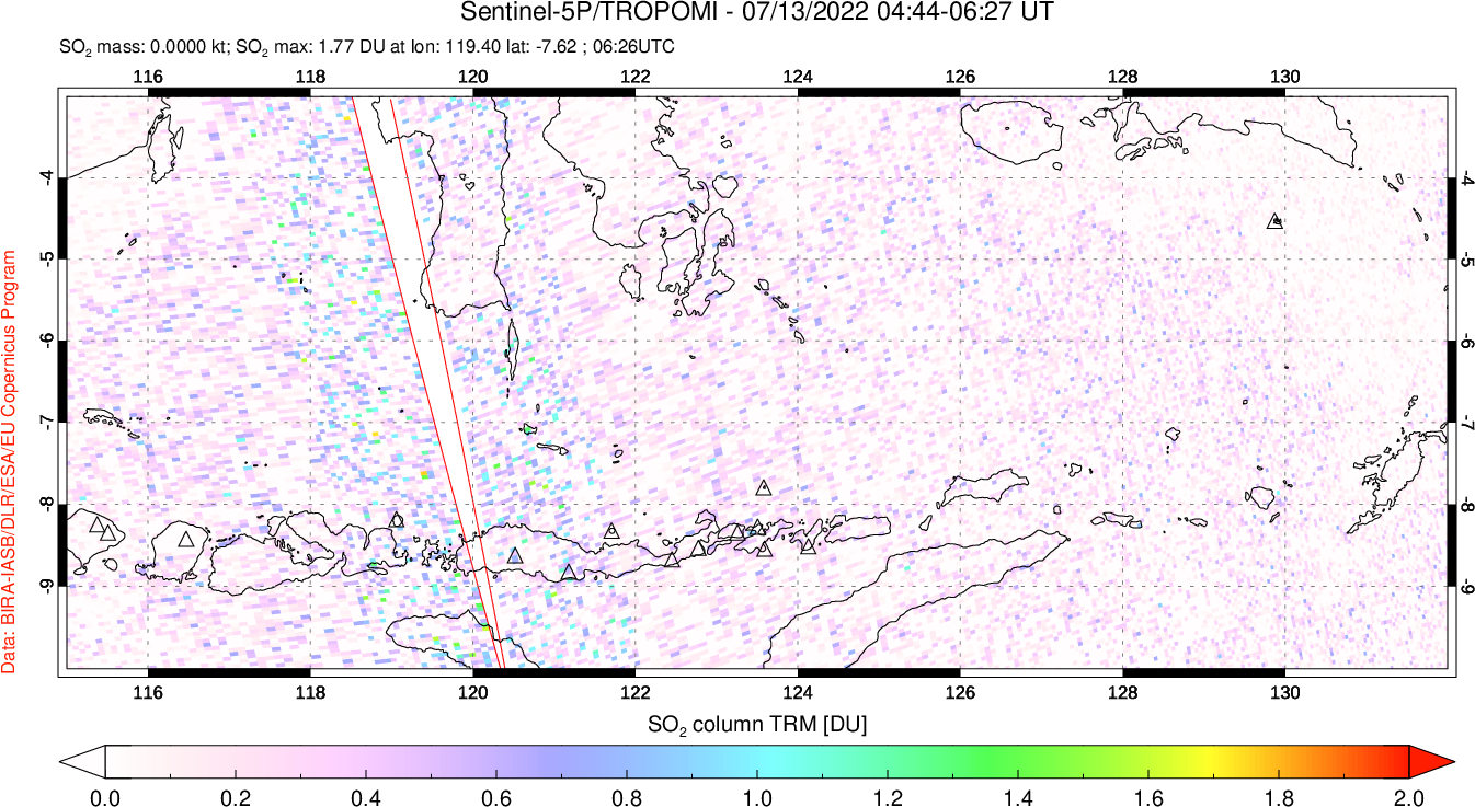 A sulfur dioxide image over Lesser Sunda Islands, Indonesia on Jul 13, 2022.