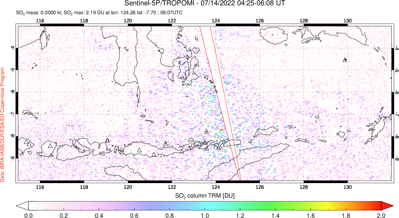 A sulfur dioxide image over Lesser Sunda Islands, Indonesia on Jul 14, 2022.
