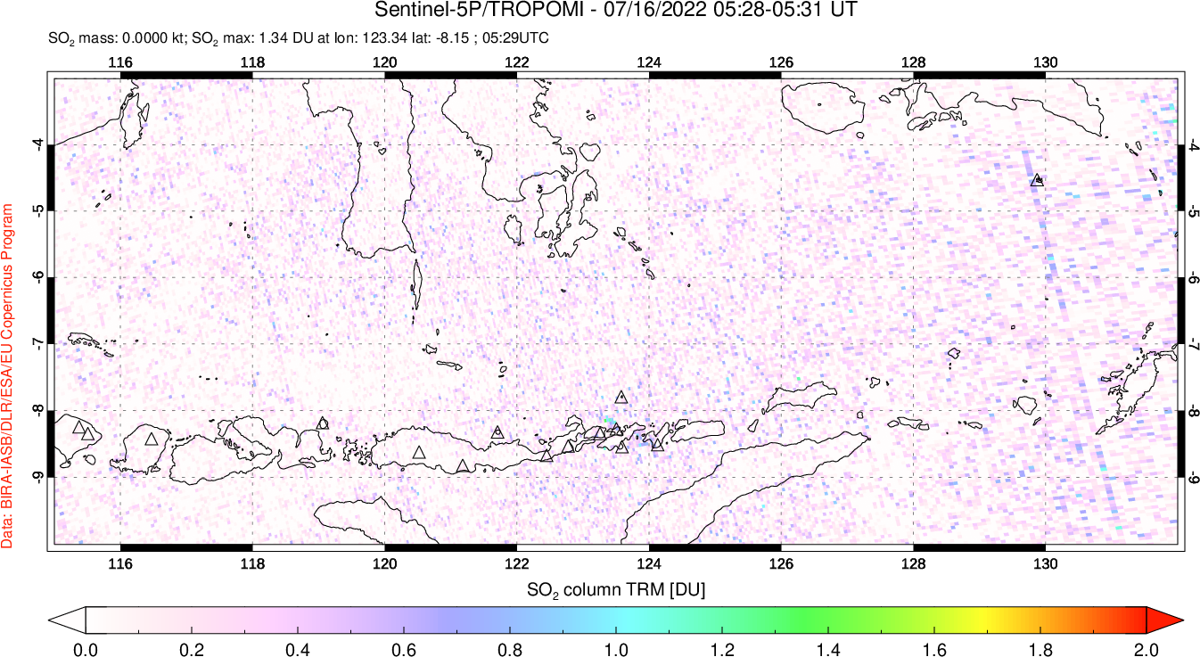 A sulfur dioxide image over Lesser Sunda Islands, Indonesia on Jul 16, 2022.