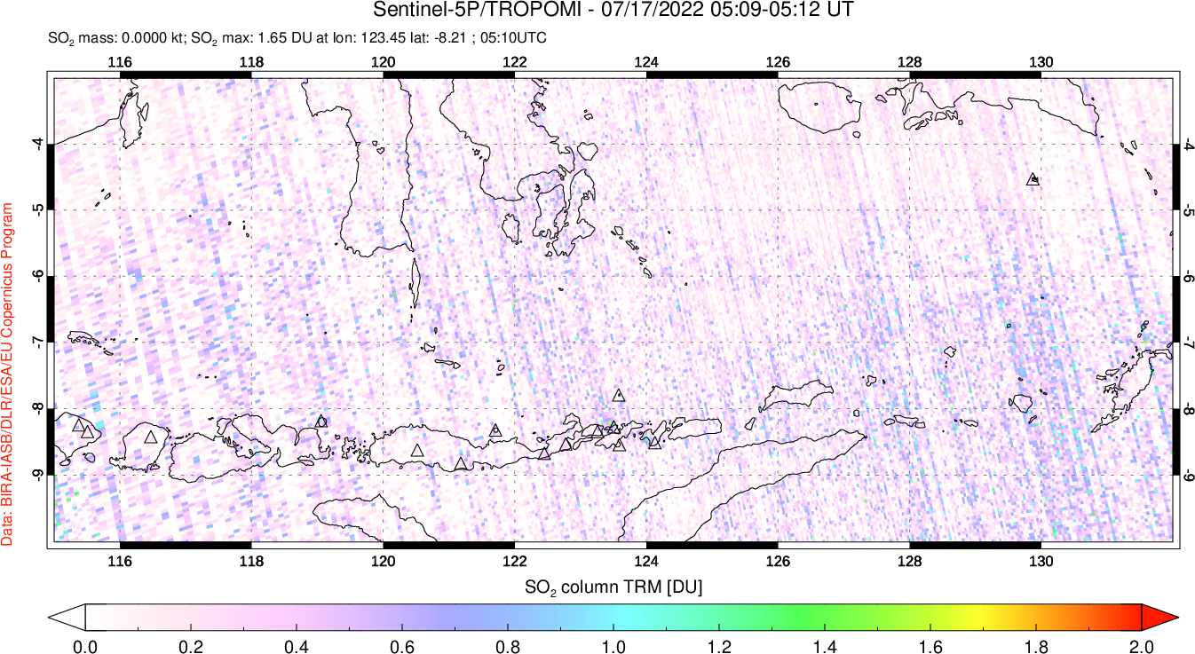 A sulfur dioxide image over Lesser Sunda Islands, Indonesia on Jul 17, 2022.