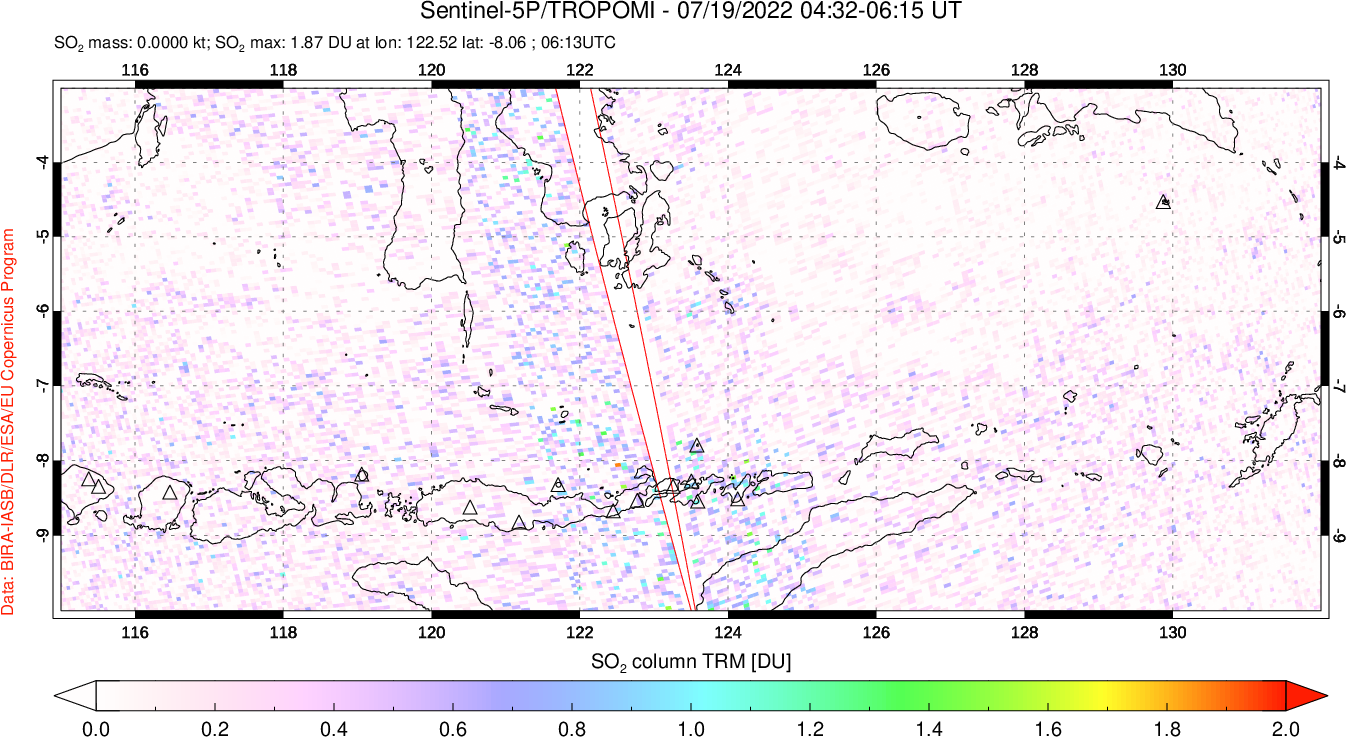 A sulfur dioxide image over Lesser Sunda Islands, Indonesia on Jul 19, 2022.