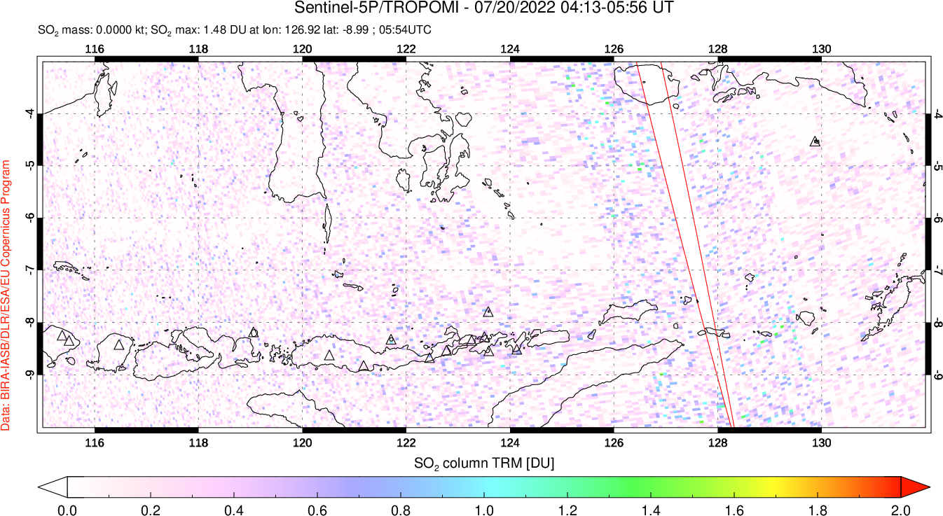 A sulfur dioxide image over Lesser Sunda Islands, Indonesia on Jul 20, 2022.