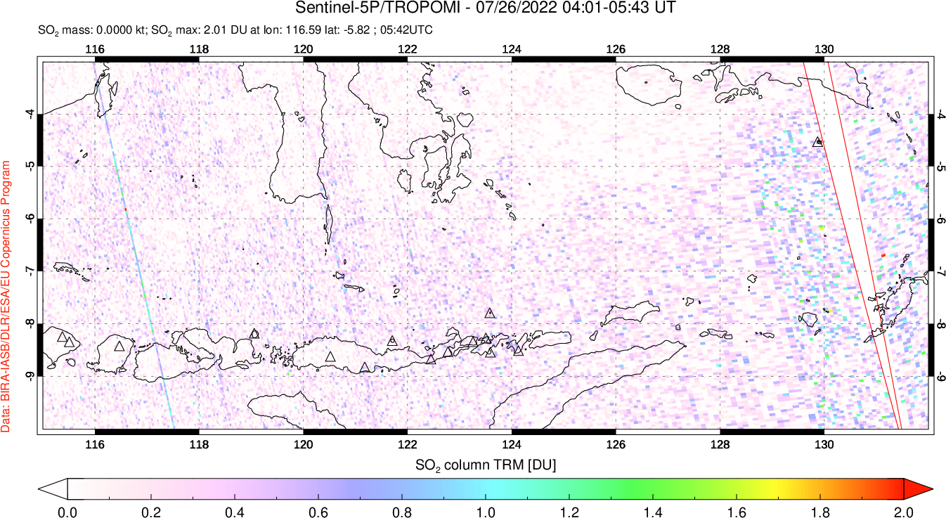 A sulfur dioxide image over Lesser Sunda Islands, Indonesia on Jul 26, 2022.