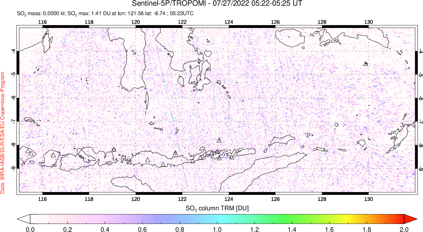 A sulfur dioxide image over Lesser Sunda Islands, Indonesia on Jul 27, 2022.
