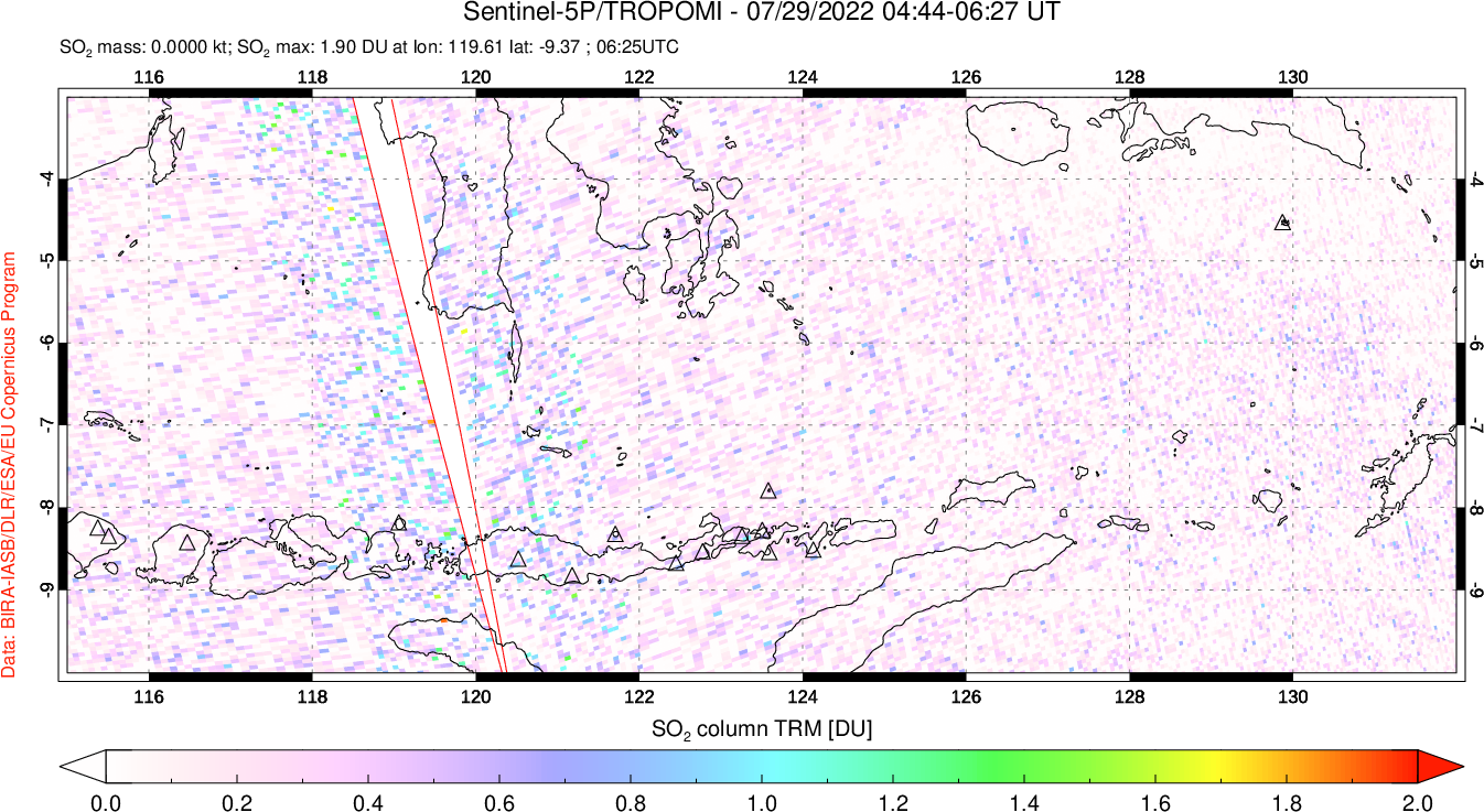 A sulfur dioxide image over Lesser Sunda Islands, Indonesia on Jul 29, 2022.