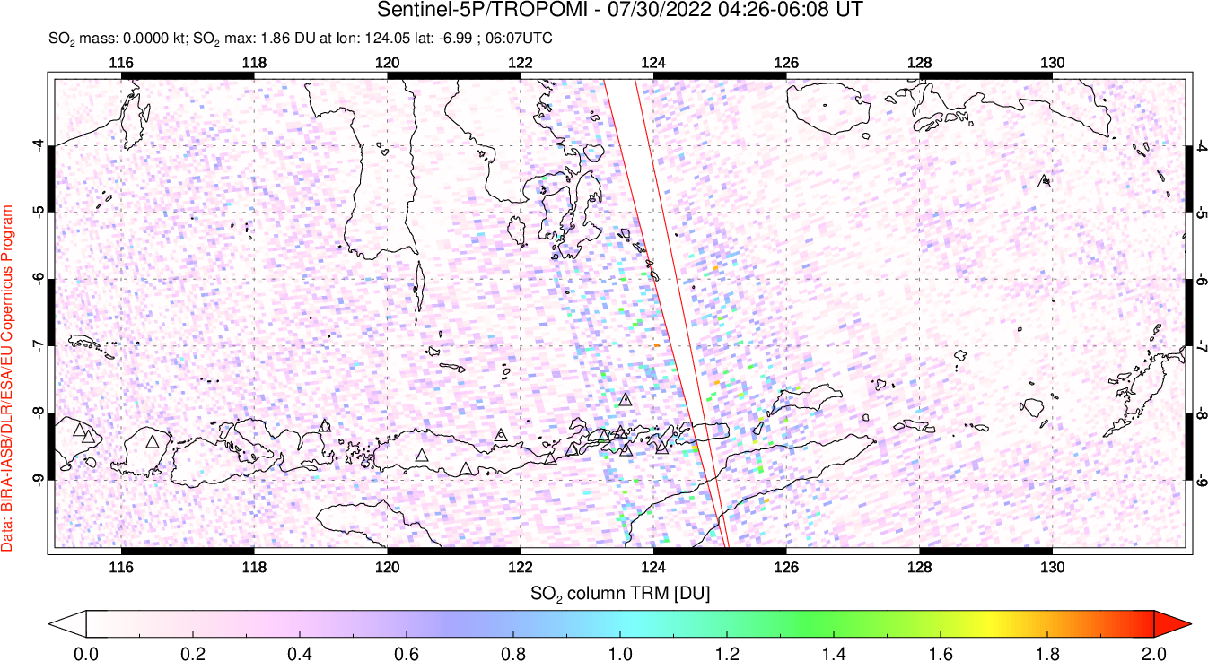 A sulfur dioxide image over Lesser Sunda Islands, Indonesia on Jul 30, 2022.