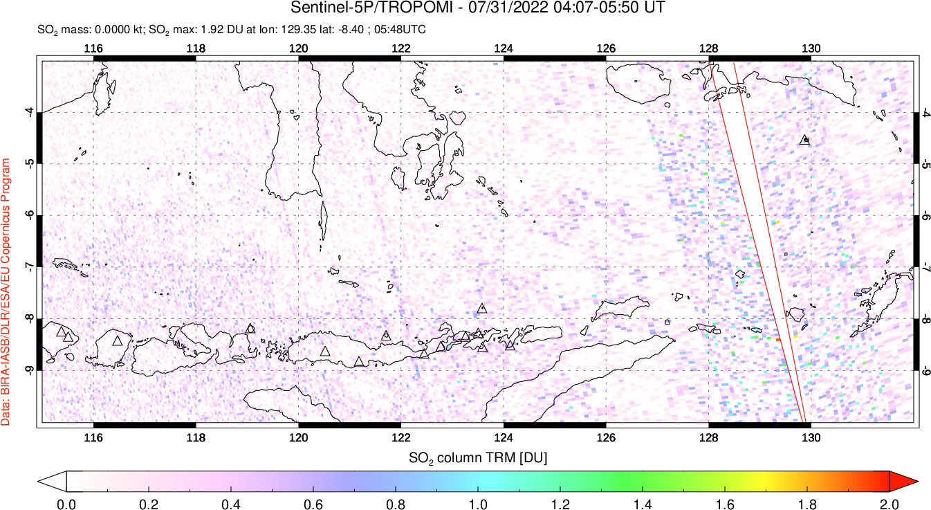 A sulfur dioxide image over Lesser Sunda Islands, Indonesia on Jul 31, 2022.