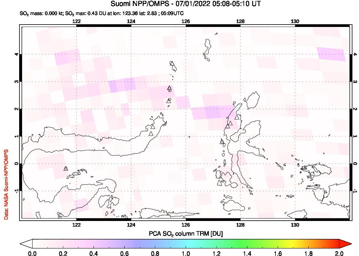 A sulfur dioxide image over Northern Sulawesi & Halmahera, Indonesia on Jul 01, 2022.