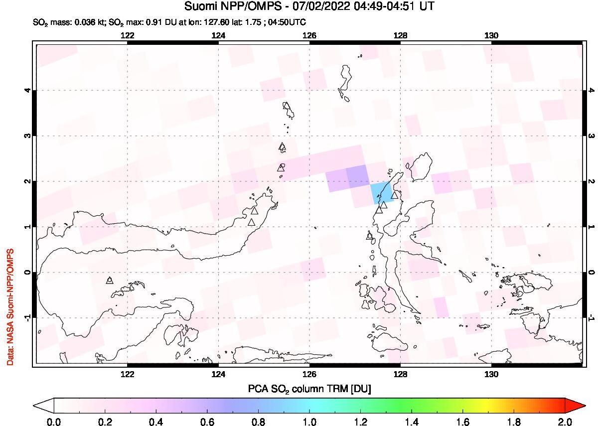 A sulfur dioxide image over Northern Sulawesi & Halmahera, Indonesia on Jul 02, 2022.