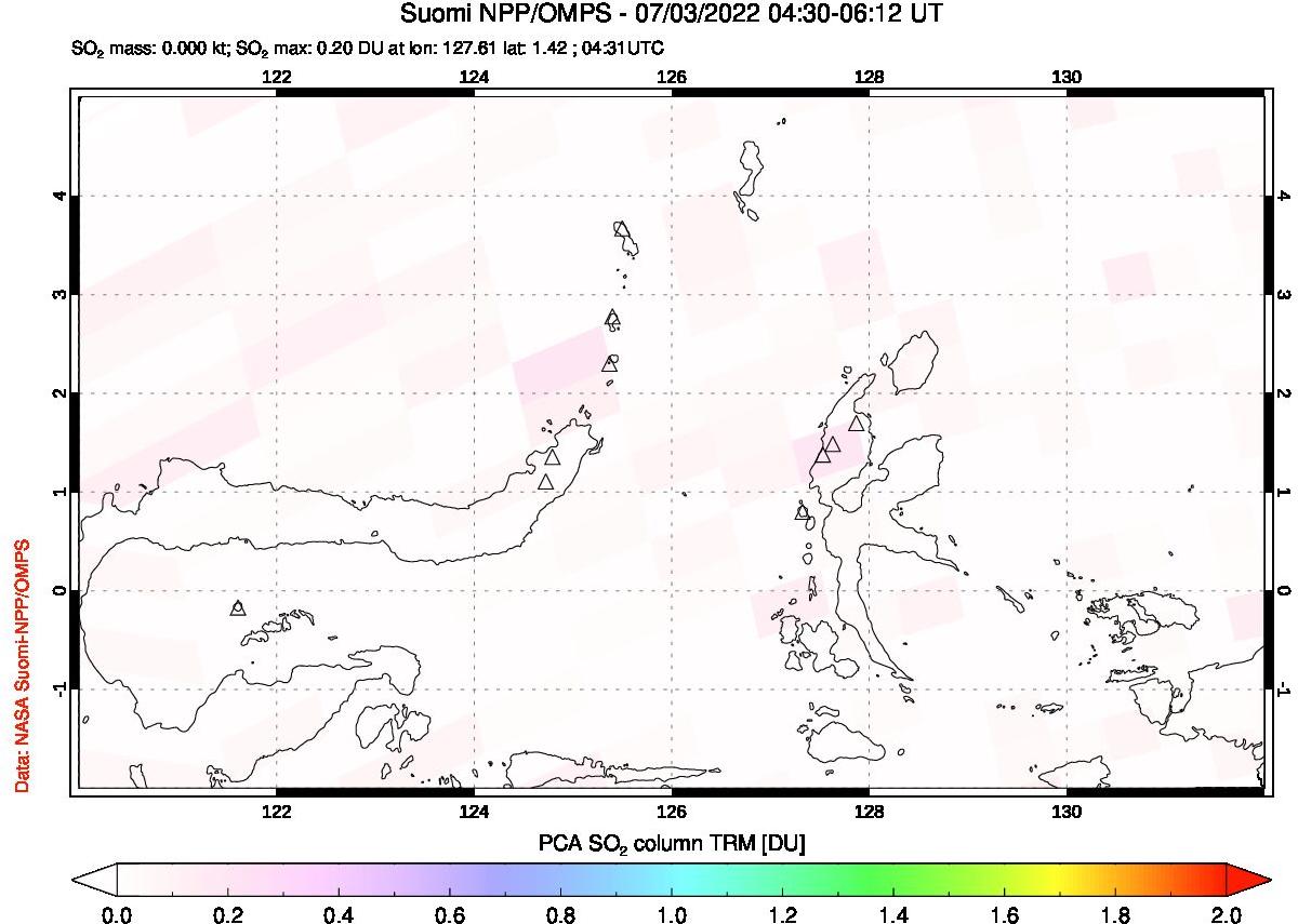 A sulfur dioxide image over Northern Sulawesi & Halmahera, Indonesia on Jul 03, 2022.