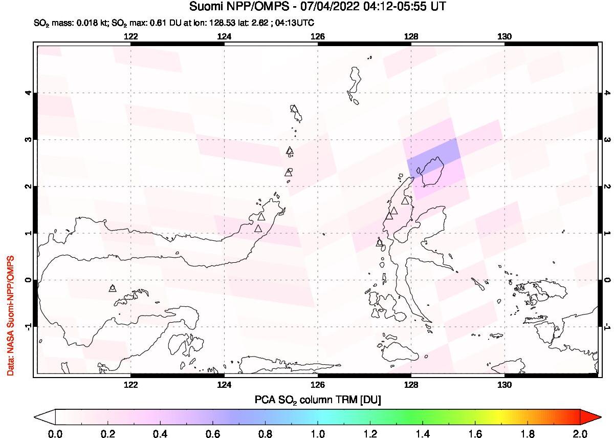 A sulfur dioxide image over Northern Sulawesi & Halmahera, Indonesia on Jul 04, 2022.