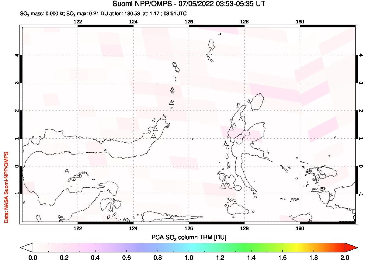 A sulfur dioxide image over Northern Sulawesi & Halmahera, Indonesia on Jul 05, 2022.
