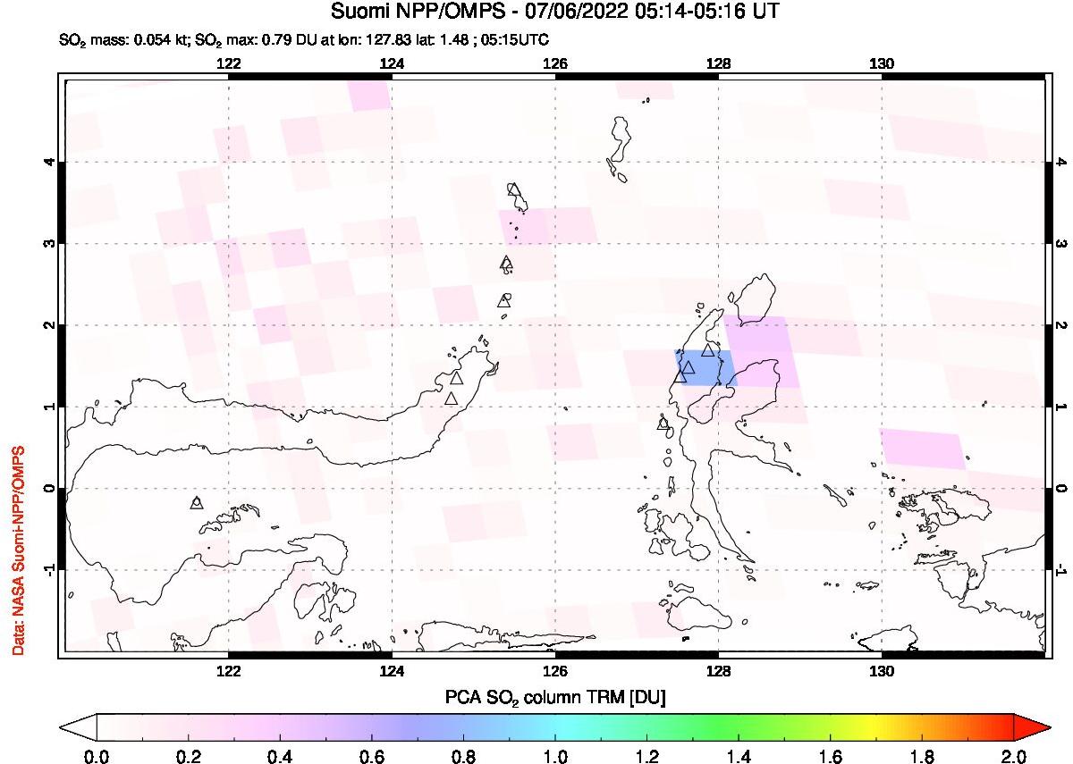 A sulfur dioxide image over Northern Sulawesi & Halmahera, Indonesia on Jul 06, 2022.