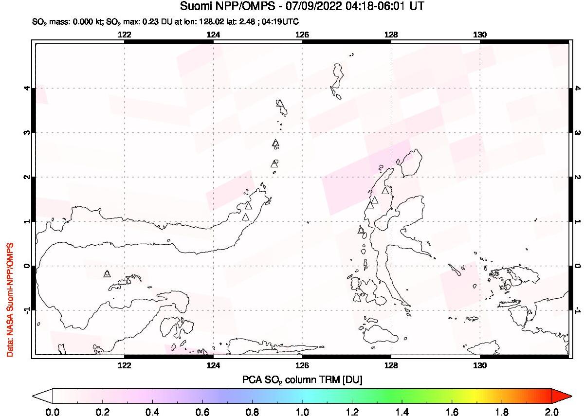 A sulfur dioxide image over Northern Sulawesi & Halmahera, Indonesia on Jul 09, 2022.
