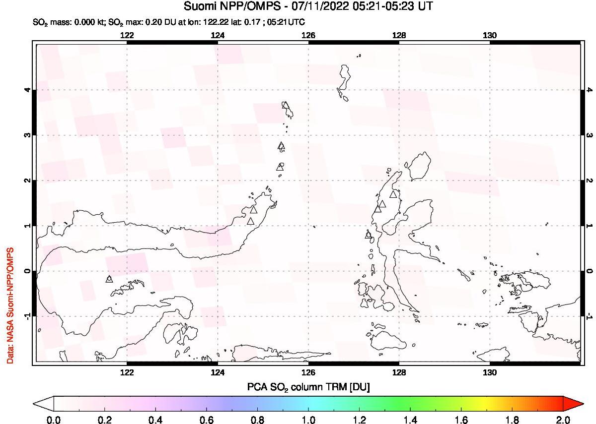 A sulfur dioxide image over Northern Sulawesi & Halmahera, Indonesia on Jul 11, 2022.