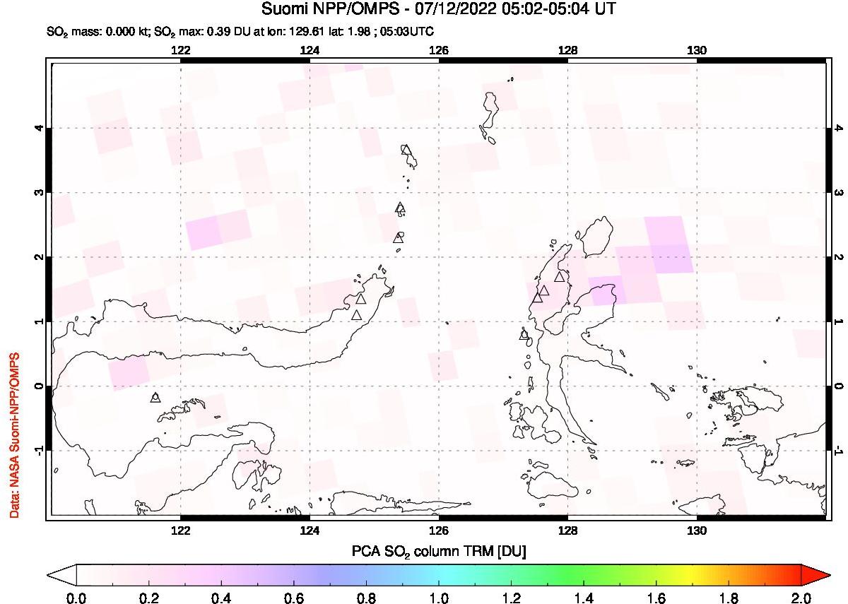 A sulfur dioxide image over Northern Sulawesi & Halmahera, Indonesia on Jul 12, 2022.