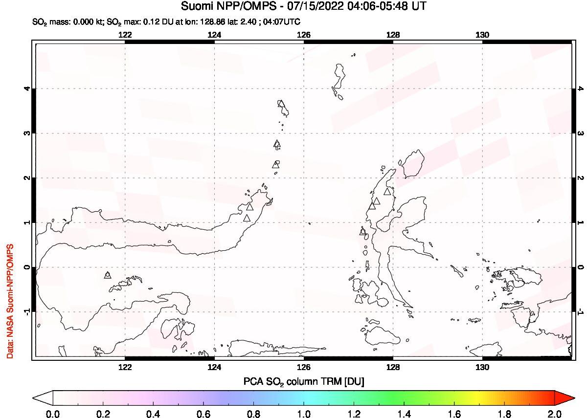 A sulfur dioxide image over Northern Sulawesi & Halmahera, Indonesia on Jul 15, 2022.