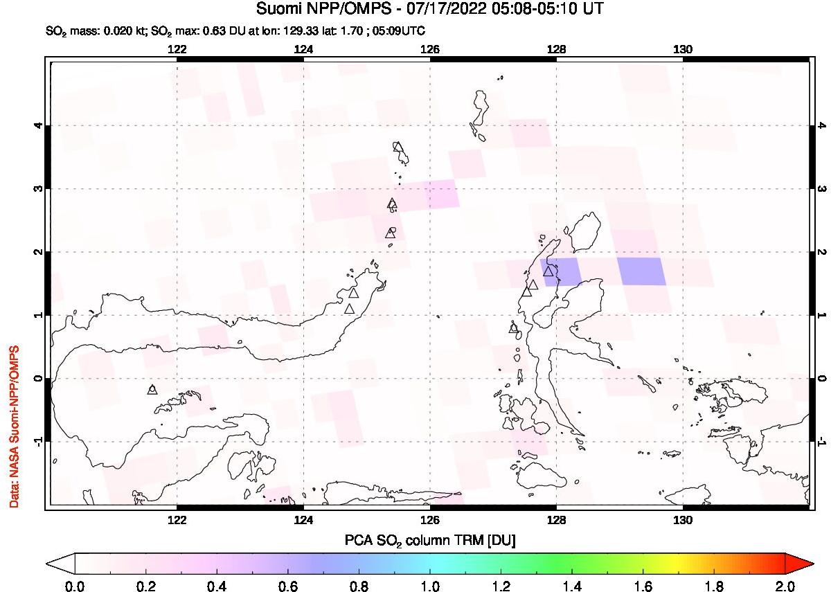 A sulfur dioxide image over Northern Sulawesi & Halmahera, Indonesia on Jul 17, 2022.