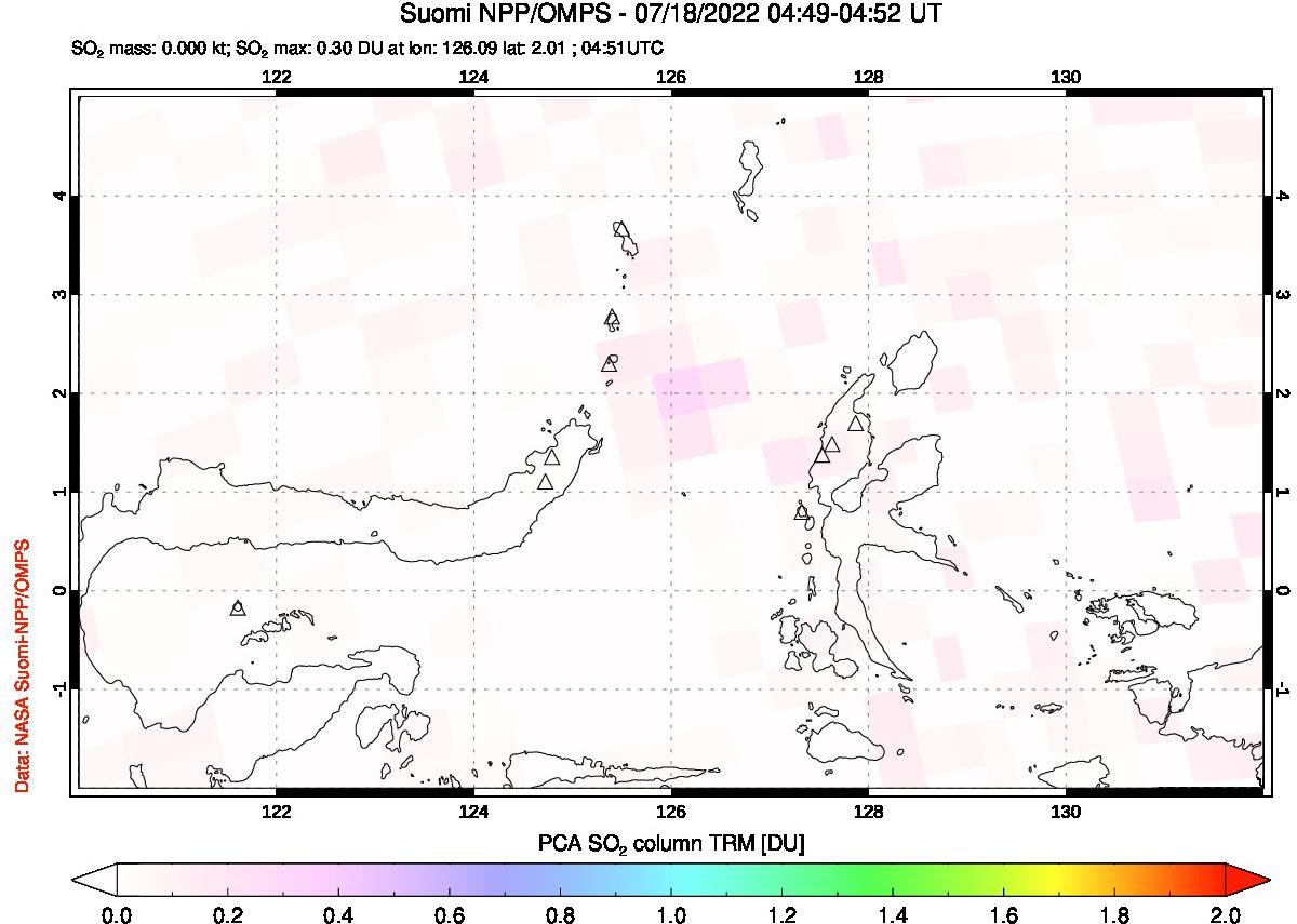 A sulfur dioxide image over Northern Sulawesi & Halmahera, Indonesia on Jul 18, 2022.