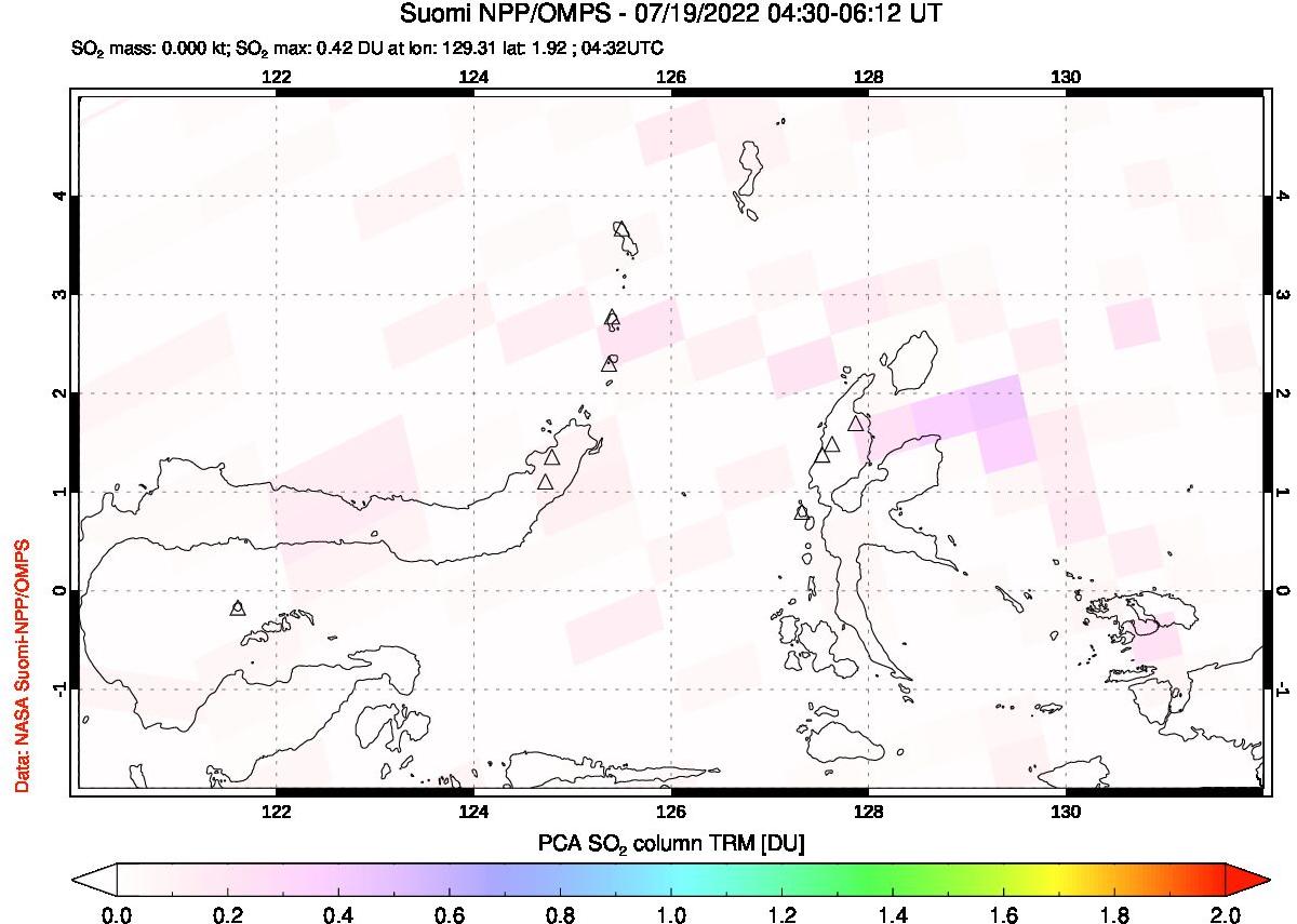 A sulfur dioxide image over Northern Sulawesi & Halmahera, Indonesia on Jul 19, 2022.