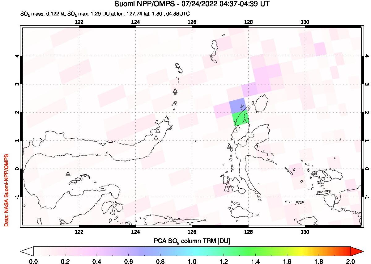 A sulfur dioxide image over Northern Sulawesi & Halmahera, Indonesia on Jul 24, 2022.