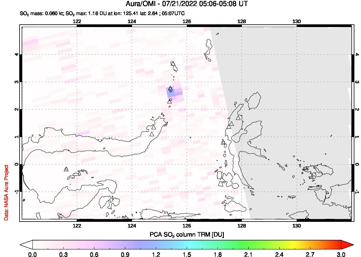 A sulfur dioxide image over Northern Sulawesi & Halmahera, Indonesia on Jul 21, 2022.