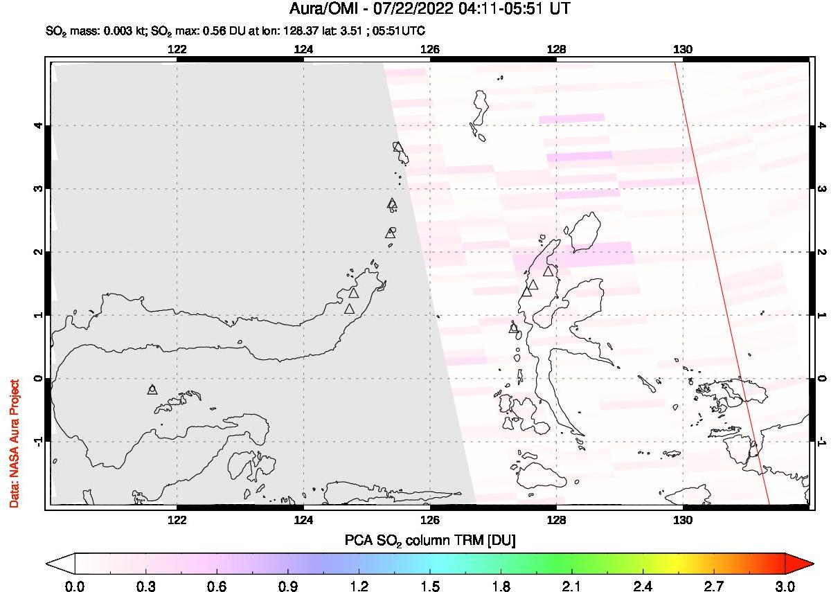 A sulfur dioxide image over Northern Sulawesi & Halmahera, Indonesia on Jul 22, 2022.