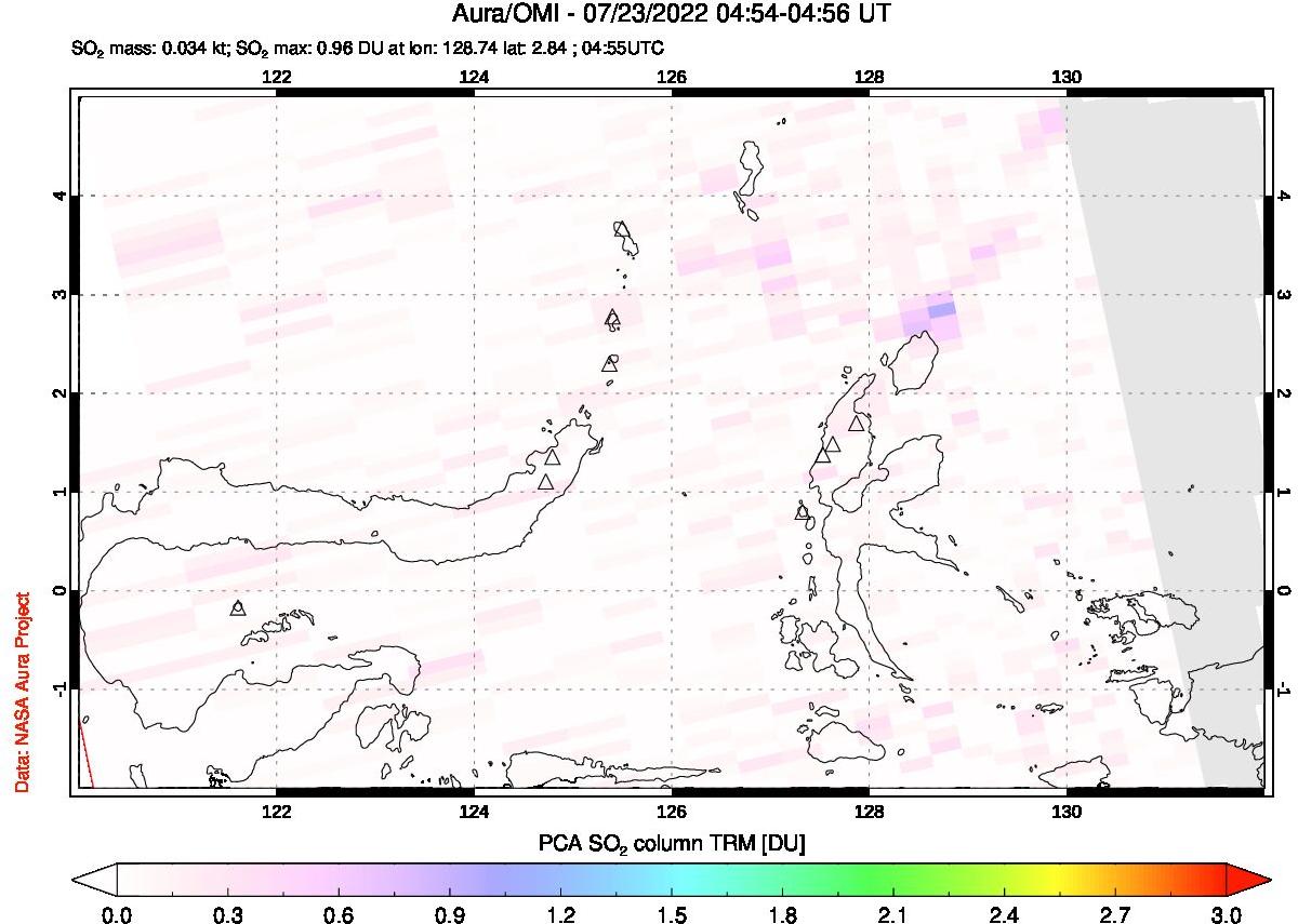 A sulfur dioxide image over Northern Sulawesi & Halmahera, Indonesia on Jul 23, 2022.