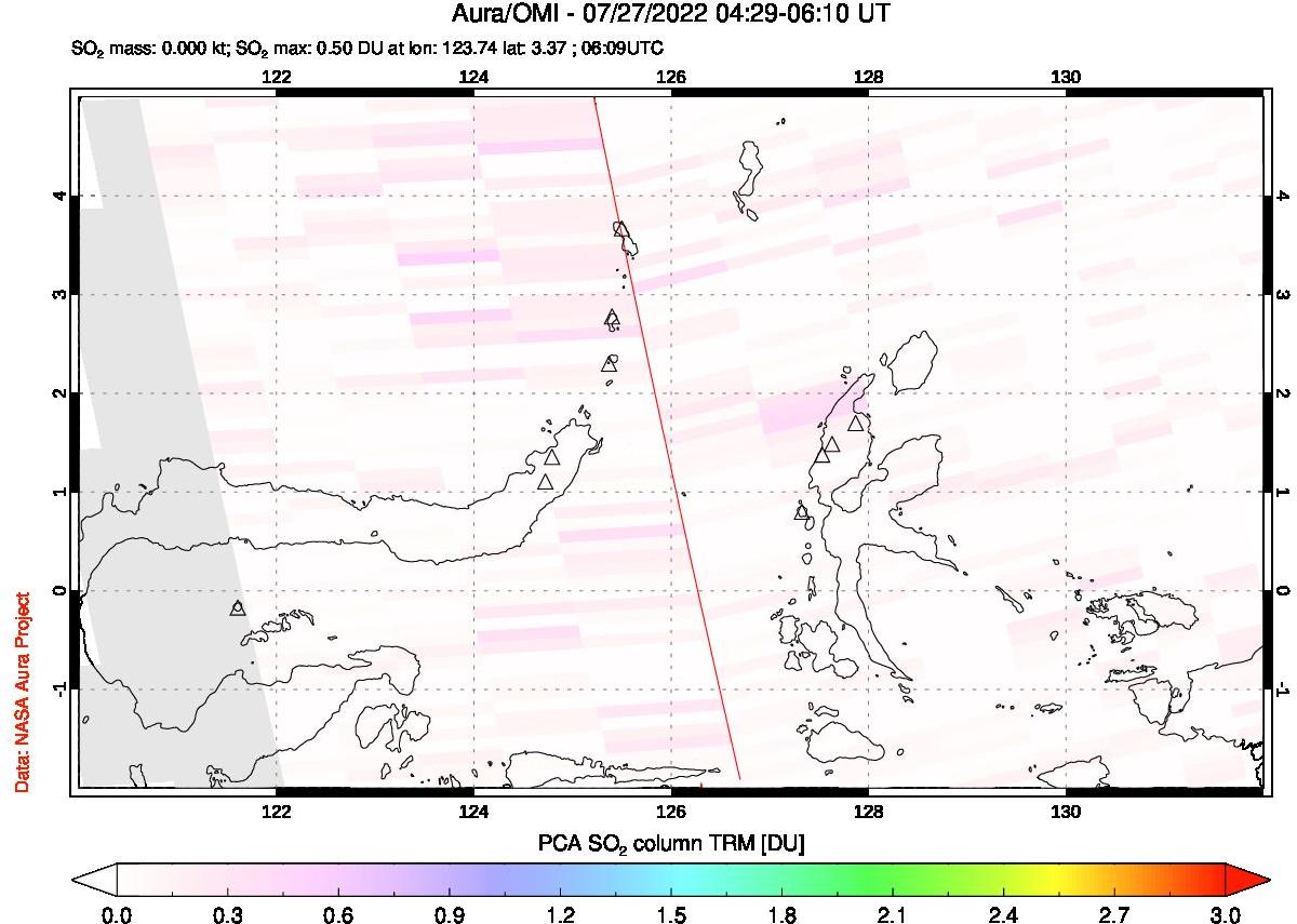 A sulfur dioxide image over Northern Sulawesi & Halmahera, Indonesia on Jul 27, 2022.