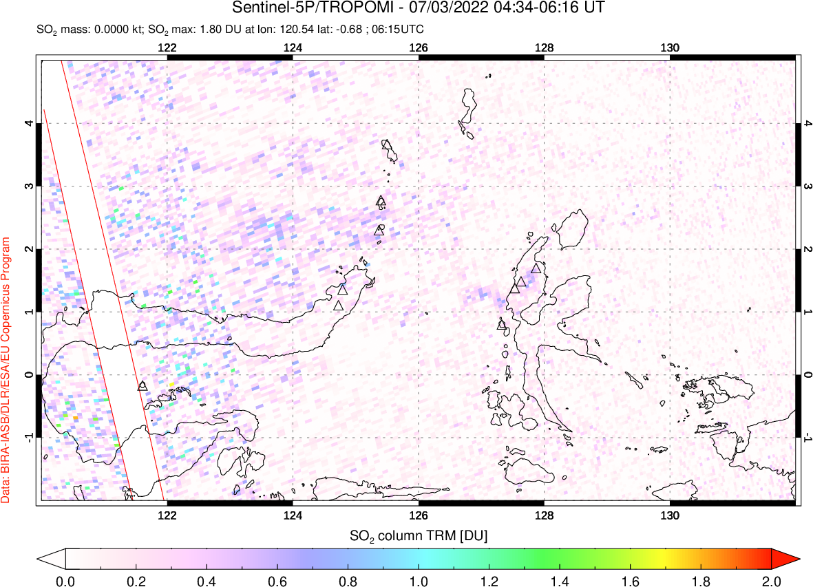 A sulfur dioxide image over Northern Sulawesi & Halmahera, Indonesia on Jul 03, 2022.