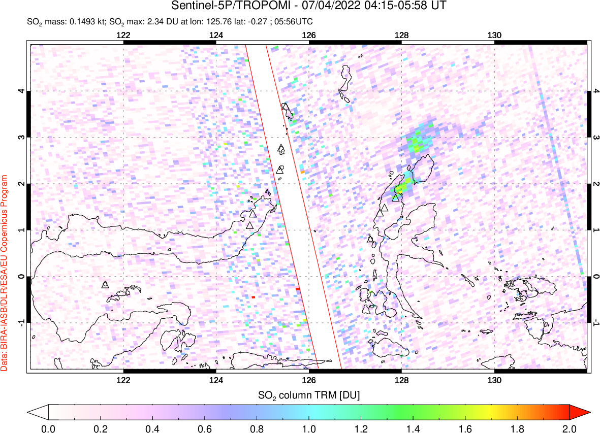 A sulfur dioxide image over Northern Sulawesi & Halmahera, Indonesia on Jul 04, 2022.