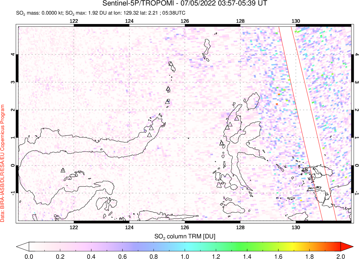 A sulfur dioxide image over Northern Sulawesi & Halmahera, Indonesia on Jul 05, 2022.