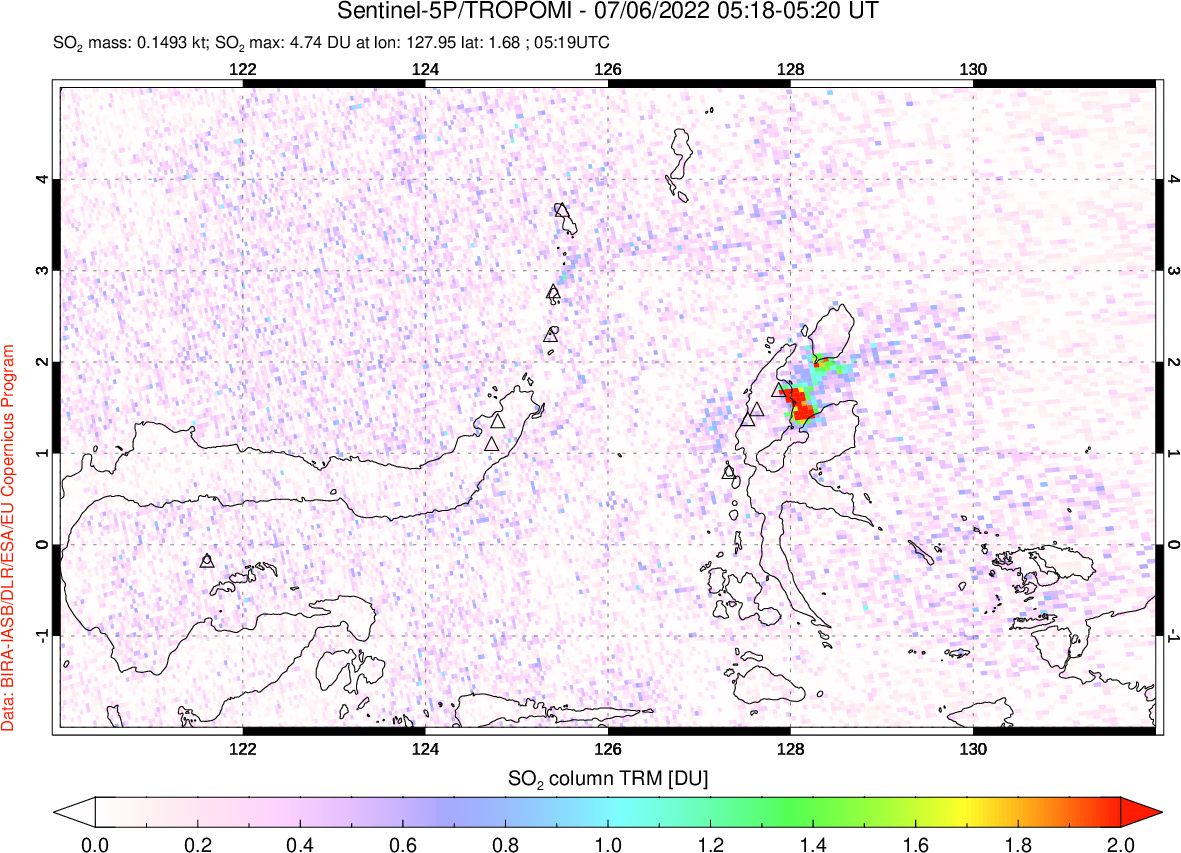 A sulfur dioxide image over Northern Sulawesi & Halmahera, Indonesia on Jul 06, 2022.