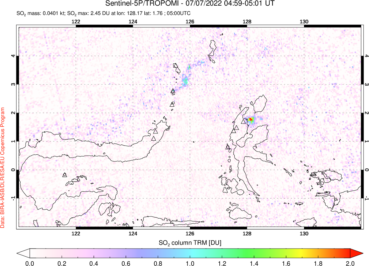 A sulfur dioxide image over Northern Sulawesi & Halmahera, Indonesia on Jul 07, 2022.