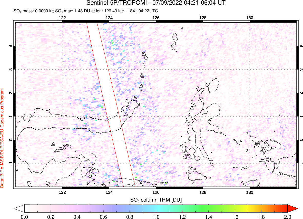A sulfur dioxide image over Northern Sulawesi & Halmahera, Indonesia on Jul 09, 2022.