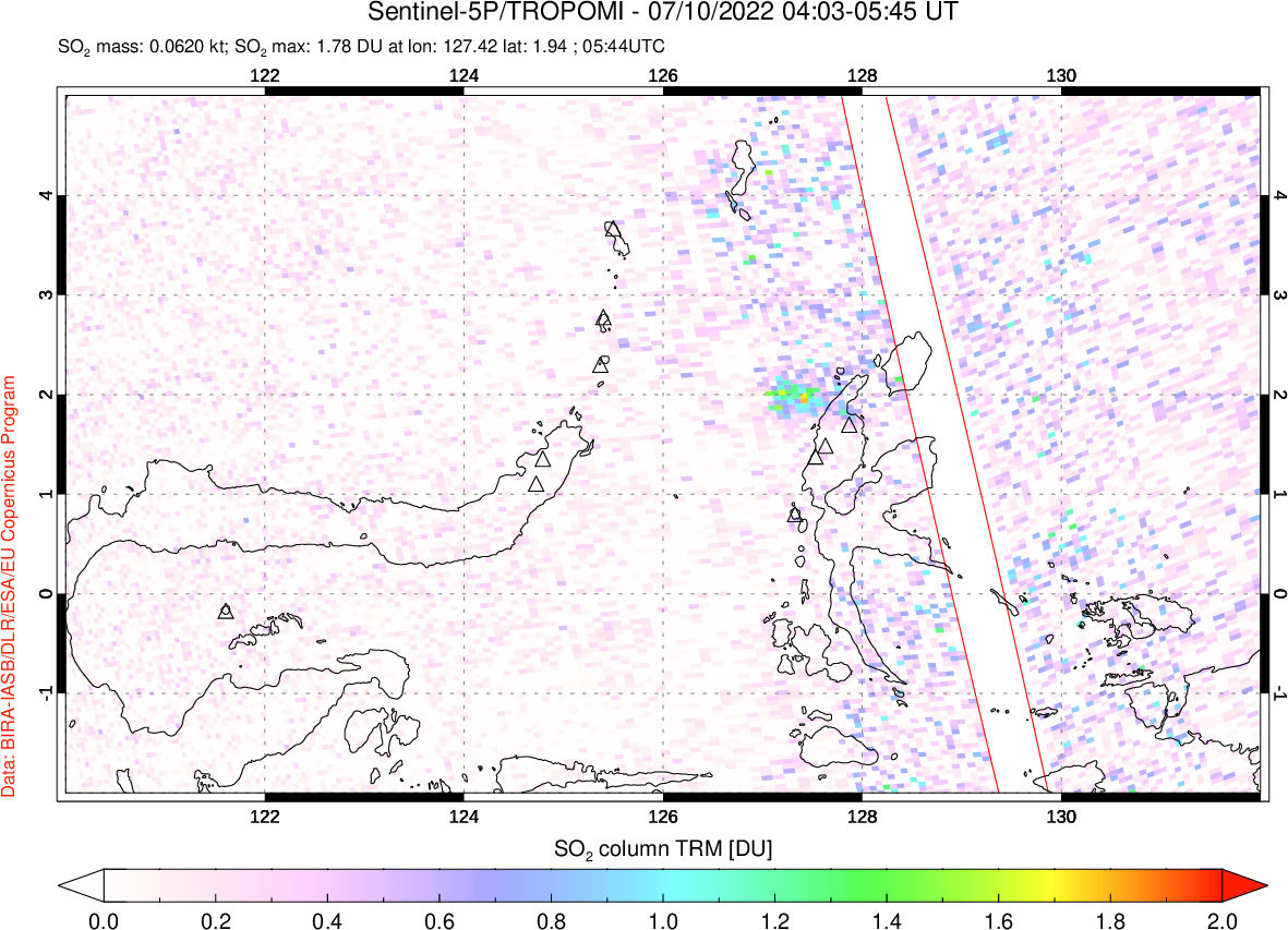 A sulfur dioxide image over Northern Sulawesi & Halmahera, Indonesia on Jul 10, 2022.
