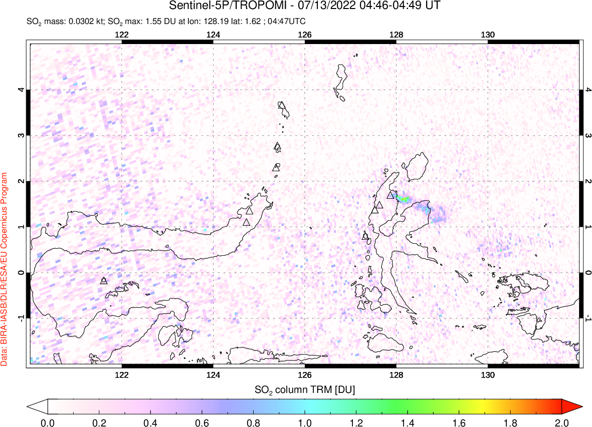 A sulfur dioxide image over Northern Sulawesi & Halmahera, Indonesia on Jul 13, 2022.