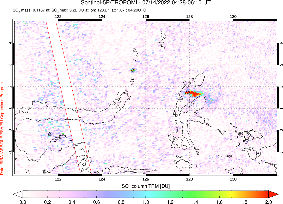 A sulfur dioxide image over Northern Sulawesi & Halmahera, Indonesia on Jul 14, 2022.