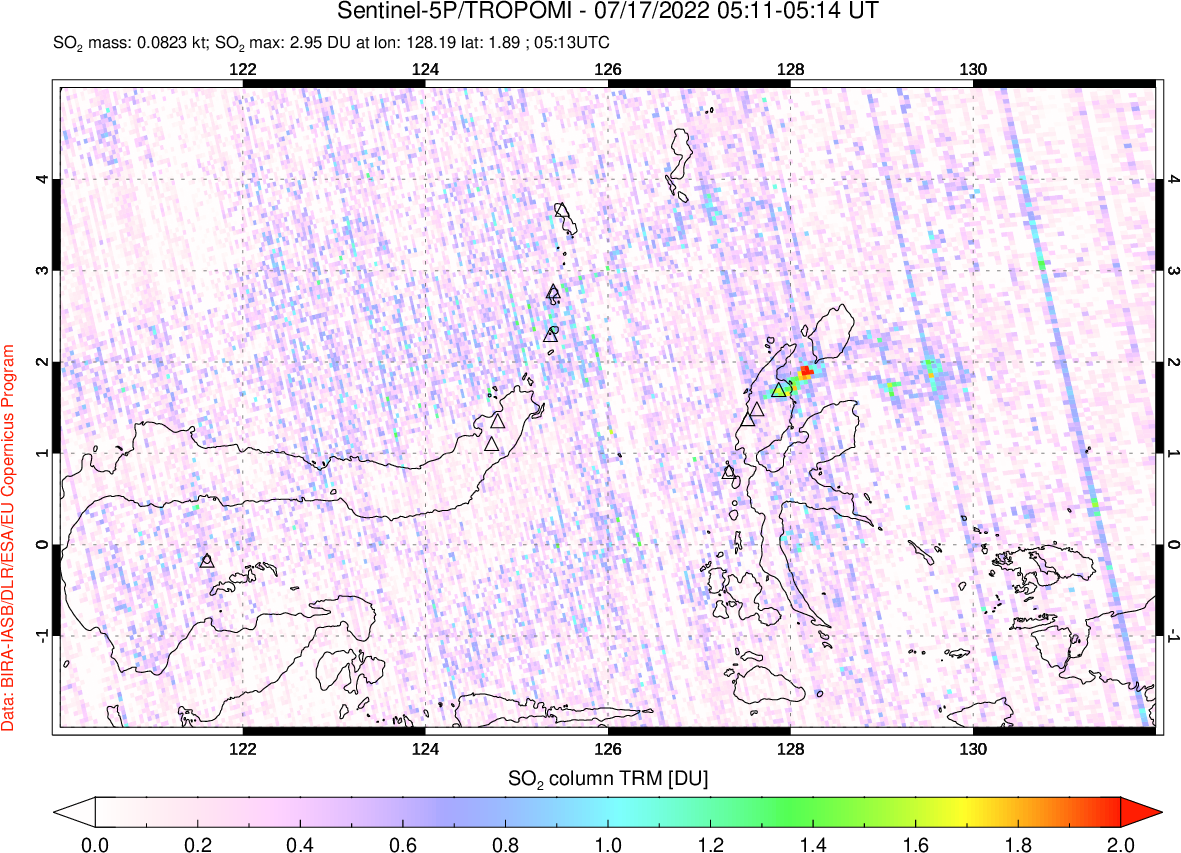 A sulfur dioxide image over Northern Sulawesi & Halmahera, Indonesia on Jul 17, 2022.