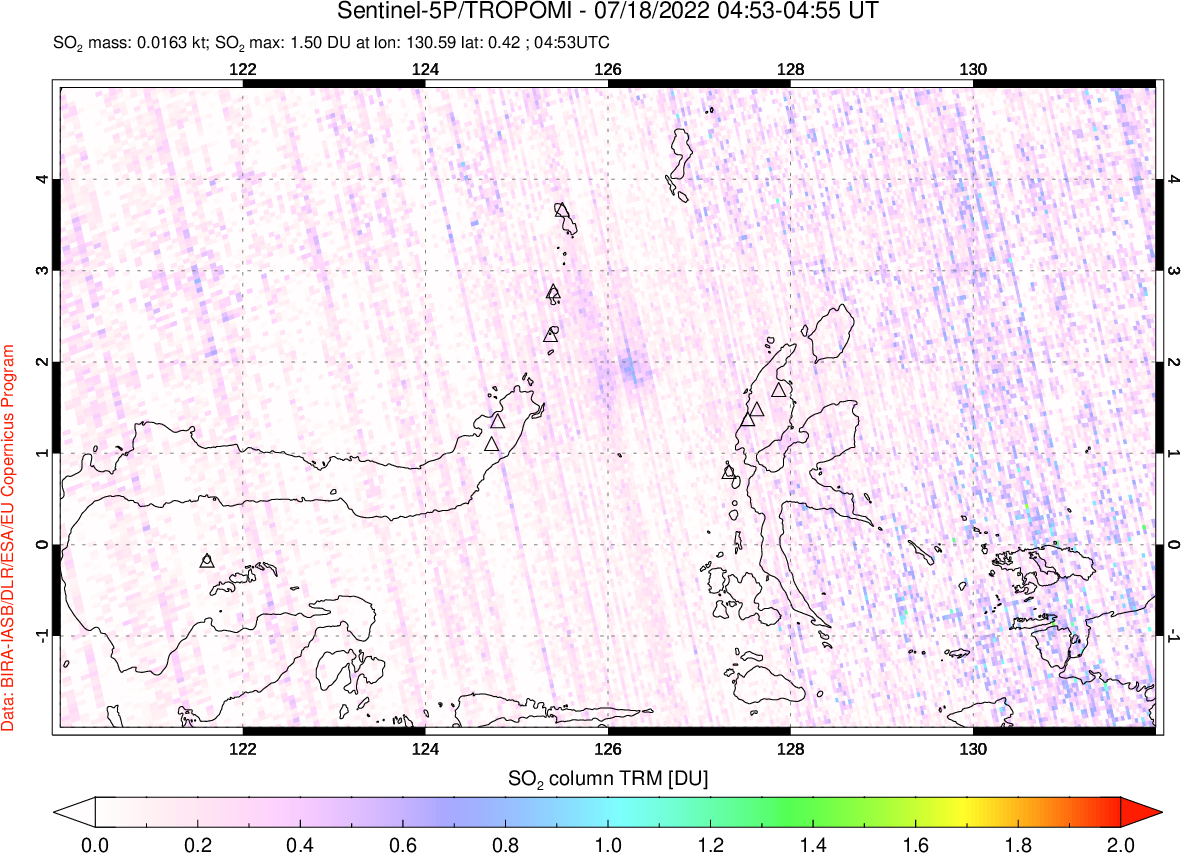 A sulfur dioxide image over Northern Sulawesi & Halmahera, Indonesia on Jul 18, 2022.